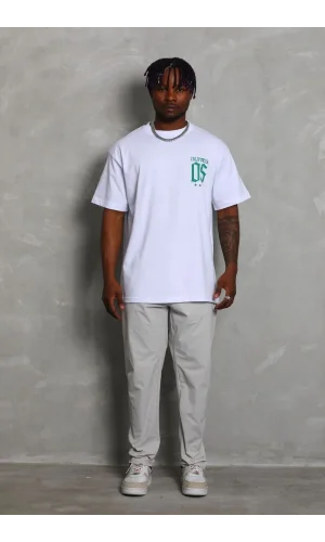 Unisex Oversize Baskılı Bisiklet Yaka T-Shirt - Beyaz