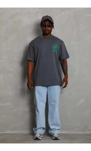 Unisex Oversize Baskılı Bisiklet Yaka T-Shirt - Füme