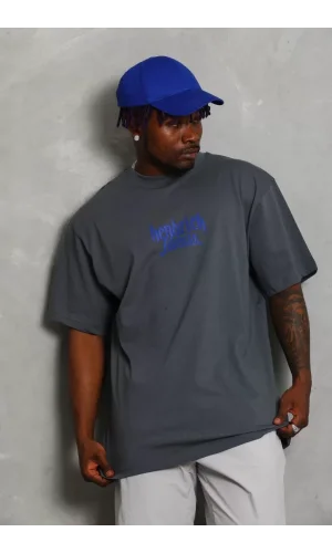 Unisex Oversize Baskılı Bisiklet Yaka T-Shirt - Füme