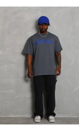 Unisex Oversize Baskılı Bisiklet Yaka T-Shirt - Füme