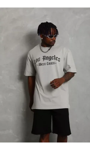 Unisex Oversize Baskılı Bisiklet Yaka T-Shirt - Gri