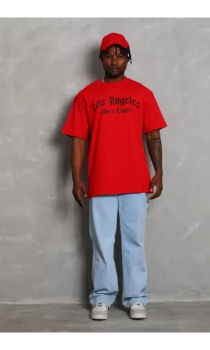 Unisex Oversize Baskılı Bisiklet Yaka T-Shirt - Kırmızı