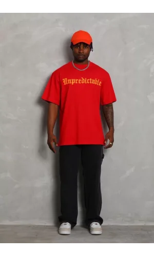 Unisex Oversize Baskılı Bisiklet Yaka T-Shirt - Kırmızı