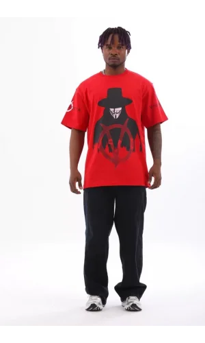 Unisex Oversize Baskılı Bisiklet Yaka T-Shirt - Kırmızı