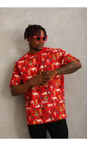 Unisex Oversize Baskılı Bisiklet Yaka T-Shirt - Kırmızı