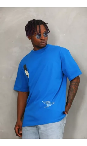 Unisex Oversize Baskılı Bisiklet Yaka T-Shirt - Mavi