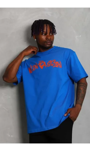 Unisex Oversize Baskılı Bisiklet Yaka T-Shirt - Mavi