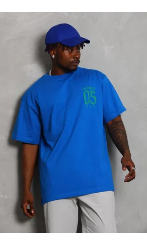 Unisex Oversize Baskılı Bisiklet Yaka T-Shirt - Mavi
