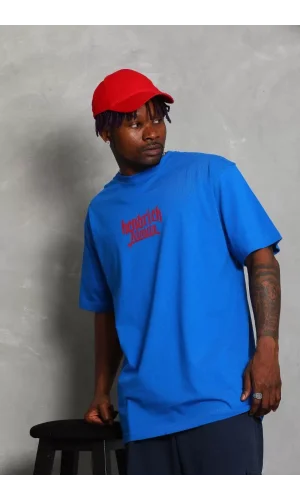 Unisex Oversize Baskılı Bisiklet Yaka T-Shirt - Mavi