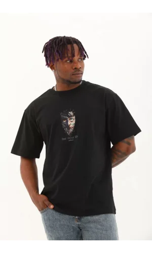 Unisex Oversize Baskılı Bisiklet Yaka T-Shirt - Siyah