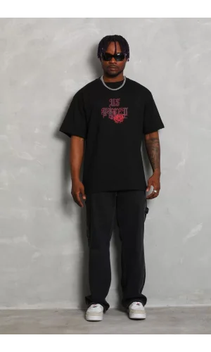 Unisex Oversize Baskılı Bisiklet Yaka T-Shirt - Siyah