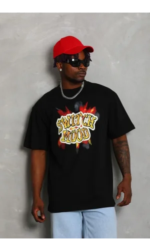 Unisex Oversize Baskılı Bisiklet Yaka T-Shirt - Siyah