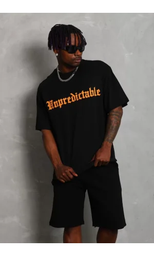 Unisex Oversize Baskılı Bisiklet Yaka T-Shirt - Siyah