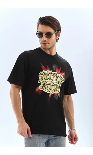 Unisex Oversize Baskılı Bisiklet Yaka T-Shirt - Siyah