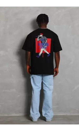 Unisex Oversize Baskılı Bisiklet Yaka T-Shirt - Siyah