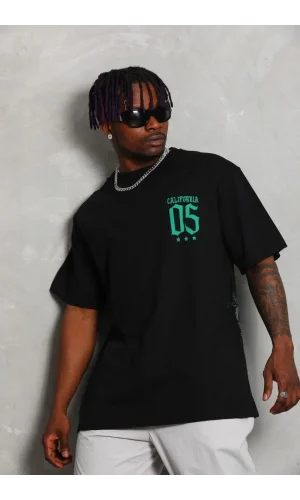 Unisex Oversize Baskılı Bisiklet Yaka T-Shirt - Siyah