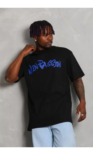 Unisex Oversize Baskılı Bisiklet Yaka T-Shirt - Siyah