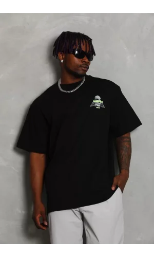 Unisex Oversize Baskılı Bisiklet Yaka T-Shirt - Siyah