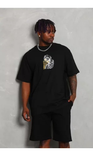 Unisex Oversize Baskılı Bisiklet Yaka T-Shirt - Siyah