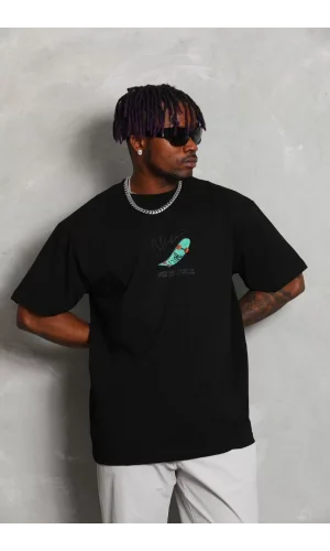 Unisex Oversize Baskılı Bisiklet Yaka T-Shirt - Siyah