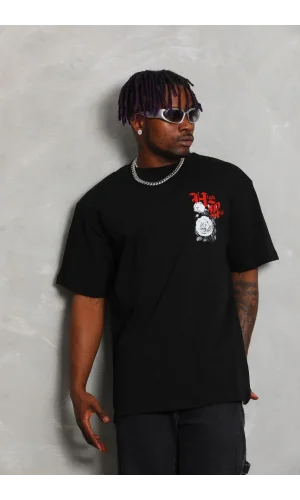 Unisex Oversize Baskılı Bisiklet Yaka T-Shirt - Siyah