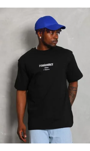 Unisex Oversize Baskılı Bisiklet Yaka T-Shirt - Siyah