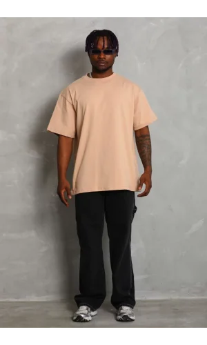 Unisex Oversize Düz Bisiklet Yaka T-Shirt - Bej