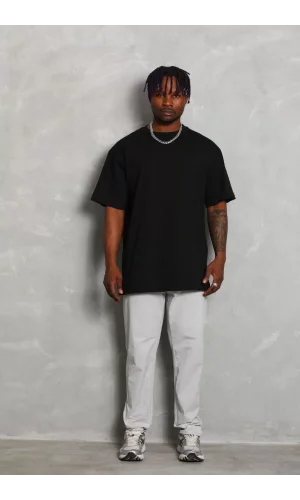 Unisex Oversize Düz Bisiklet Yaka T-Shirt - Siyah