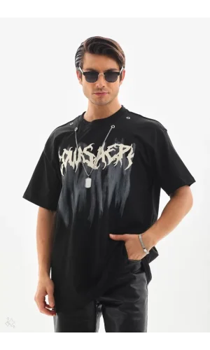 Unisex Oversize Kolye Dahil T-Shirt - Siyah