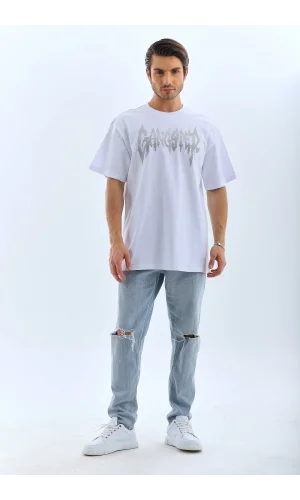 Unisex Oversize Taşlı Bisiklet Yaka T-Shirt - Beyaz