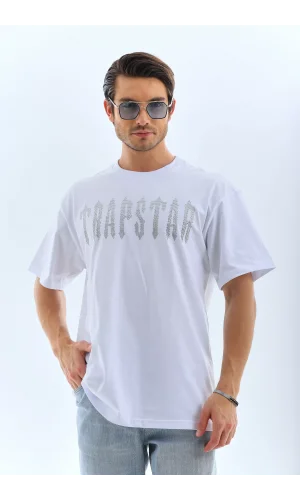 Unisex Oversize Taşlı Bisiklet Yaka T-Shirt - Beyaz