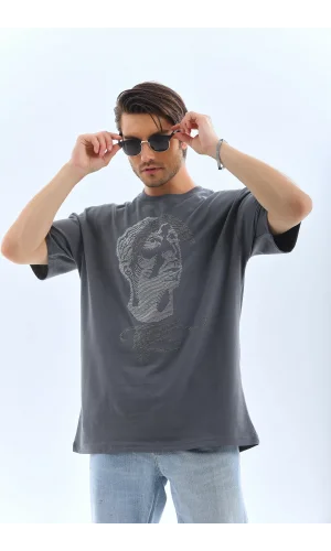 Unisex Oversize Taşlı Bisiklet Yaka T-Shirt - Füme