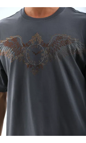 Unisex Oversize Taşlı Bisiklet Yaka T-Shirt - Füme