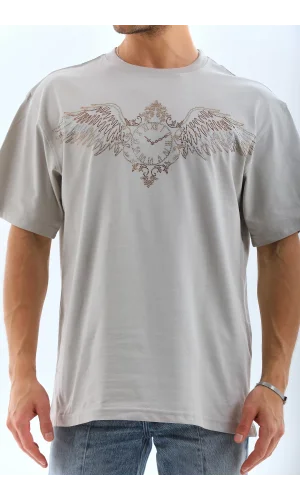 Unisex Oversize Taşlı Bisiklet Yaka T-Shirt - Gri