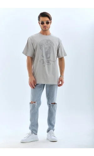 Unisex Oversize Taşlı Bisiklet Yaka T-Shirt - Gri