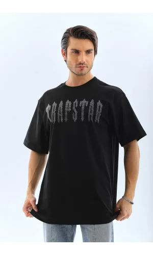 Unisex Oversize Taşlı Bisiklet Yaka T-Shirt - Siyah