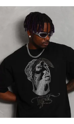 Unisex Oversize Taşlı Bisiklet Yaka T-Shirt - Siyah