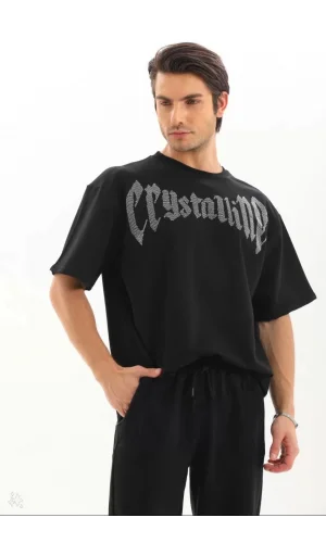 Unisex Oversize Taşlı T-Shirt - Siyah