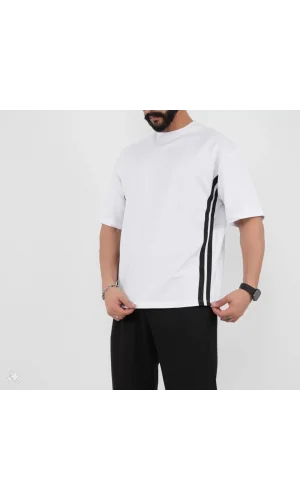 Unisex Oversize Yanları Şeritli T-Shirt - Beyaz