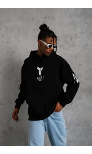 Unisex Sırt Baskılı Kapüşonlu Üç İplik Oversize Sweatshirt - Siyah