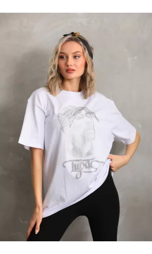 Unisex Taş Desenli Oversize T-Shirt - Beyaz