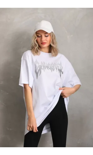 Unisex Taş Desenli Oversize T-Shirt - Beyaz