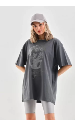 Unisex Taş Desenli Oversize T-Shirt - Füme