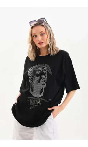 Unisex Taş Desenli Oversize T-Shirt - Siyah