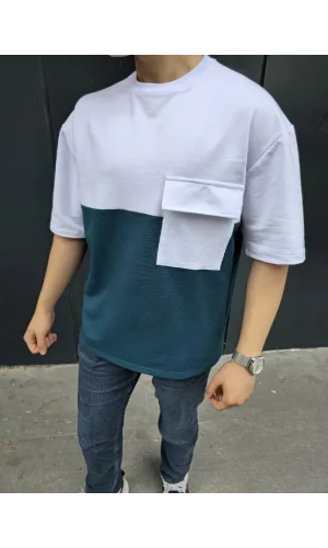 Unisex Torba Cep Detaylı Parçalı T-Shirt - Lacivert