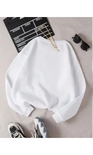 Unisex Üç İplik Biskilet Yaka SweatShirt - Beyaz
