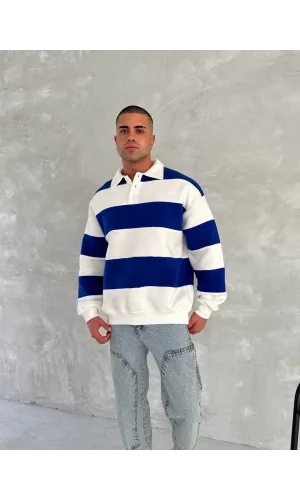 Unisex Üç İplik Parçalı Yakalı SweatShirt - Mavi