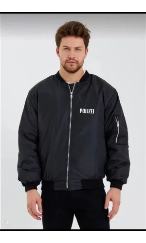 Unisex Uzun Kol Baskılı Bomber Ceket - Siyah