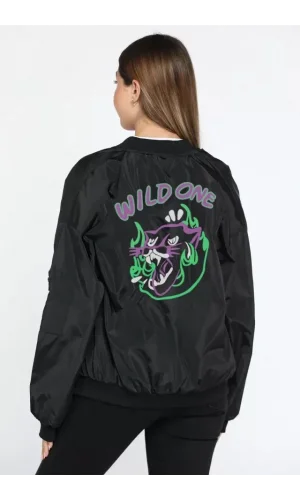 Unisex Uzun Kol Baskılı Bomber Ceket - Siyah