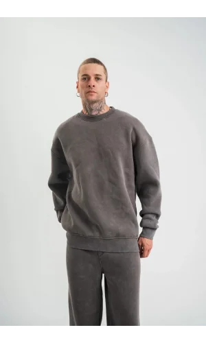 Unisex Uzun Kol Bisiklet Yaka Yıkamalı SweatShirt - Füme